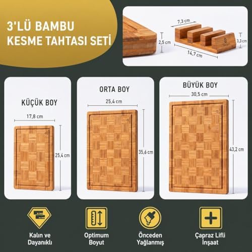 Daisy 3’lü Bambu Kesme Tahtası Seti Büyük Orta Küçük Boy Et Sebze Sunum & Servis Tahtası