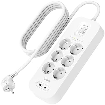 Belkin 6'lı çoklu priz, yüksek gerilim korumalı, duvara montaj, 6 priz, 2 m güç kablosu, yeşil ışıklı gösterge, hızlı şarj için USB-C ve USB-A bağlantısı; 650 jul koruma