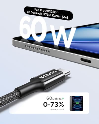 USB-C 60W 3A QC PD Örgülü Hızlı Şarj Kablosu, 2 Metre, Siyah, 65245