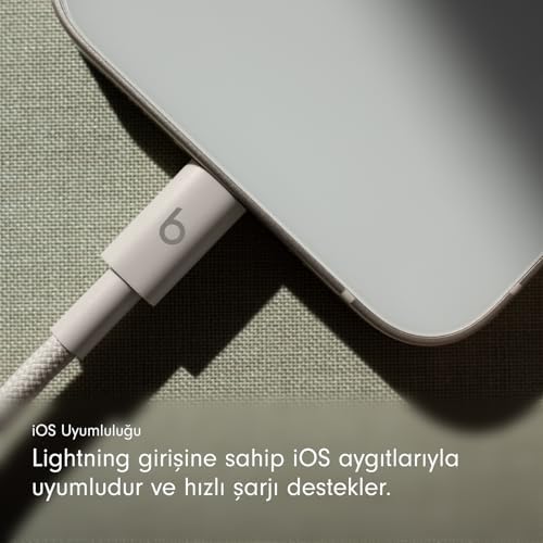 USB-C'den Lightning'e Örgülü Kablo, Hızlı Şarj, Dayanıklı/Dolanmayan, Lightning Girişli Aygıtları İçin Uyumlu Şarj Kablosu (1,5 m) – Granit Beji
