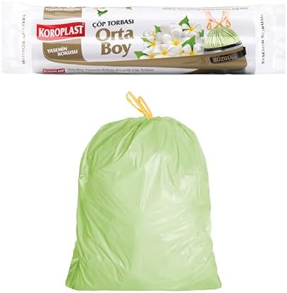 Yasemin Kokulu Orta Boy Büzgülü Çöp Poşeti 15'li 55x57 cm, Kolay Bağlanır Kokulu Büzgülü Orta Boy Çöp Torbası, Sızdırmaz, Yırtılmaz, Geri Dönüştürülebilir Atık Torbası, Güçlü Çöp Poşeti