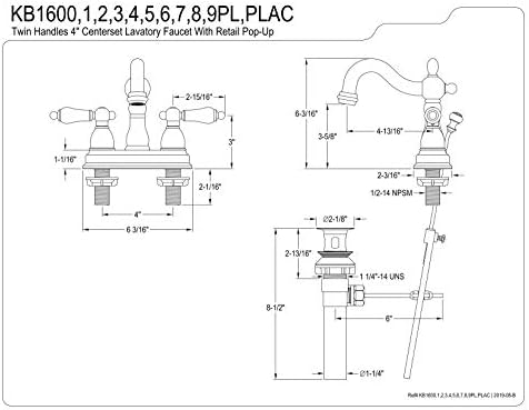 Brass KB1604PL Heritage 4 İnç Centerset Lavabo Bataryası Porselen Kol Saplı, Parlak Krom ve Parlak Pirinç - Görsel 2