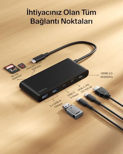 USB-C Hub, 7 Portlu, 60 Hz’de 4K HDMI Ekran Desteği, SD ve MicroSD Yuvaları, 100W Güç İletimi, 5Gbps Veri Aktarımı, MacBook, iPad Pro, Chromebook için USB-C Çoklu Port Adaptörü, HDMI 2.0, Siyah - Görsel 3