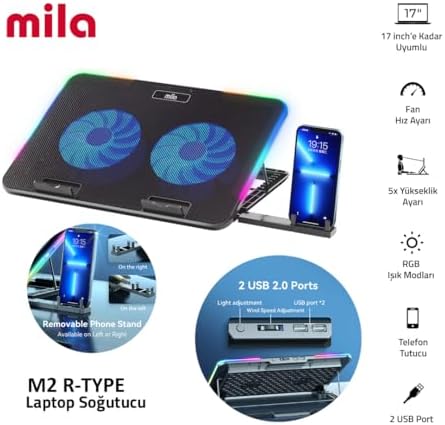 Alternative view of Mila Serisi M2 R-TYPE RGB Işıklı, 2 Büyük Fan, Telefon Standı,2 USB Notebook Soğutucu Stand