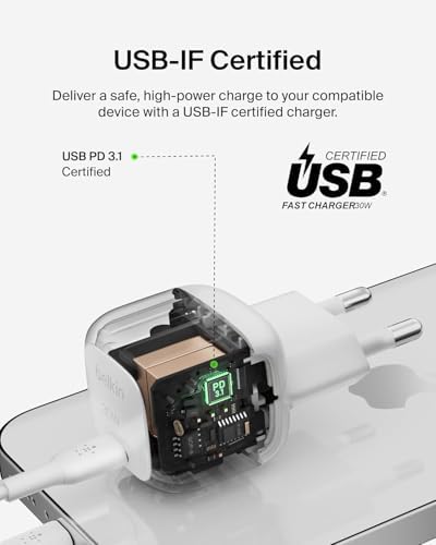30W Kompakt Duvar Şarj Cihazı, USB-C Power Delivery Hızlı Şarj,, Galaxy, iPad, AirPods, Tablet & Daha Fazlası İçin, USB-C - Lightning Kablo ile, Beyaz