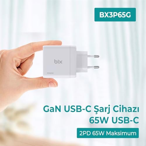 BX3P65G 65W GaN Qualcom 4.0 2*Type-C & USB-A 3 Portlu, MacBook Air, iPad Air, 17/16/15/14/14 Max /13/13 Max, Galaxy S24/S23/S22/S21 Uyumlu BX-3P65G Şarj Cihazı Beyaz