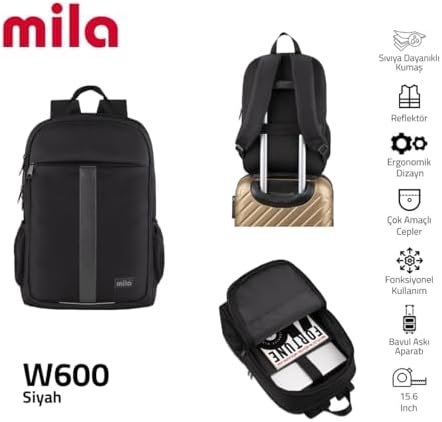 15.6 inch Mila Serisi W600 -,Mac Air Uyumlu Reflektörlü - Laptop Sırt Çantası - Siyah
