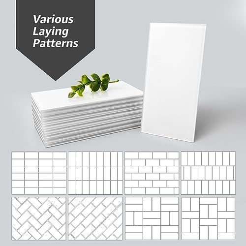 Art3d Mutfak veya Banyo için 32 Parça Soy ve Yapıştır Tezgah Üstü Cam Karo, 7,62 cm x 15,24 cm Metro Beyaz Arka Sıçrama Fayansları