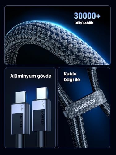 Alternative view of USB-C to USB-C 240W PD Hızlı Şarj Kablosu, Uzay Grisi, 2m, 45068