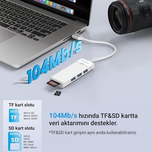 USB 3.0 to 3.0 TF SD Kart Okuyucu 3 Portlu USB 3.0 Çoklayıcı Adaptör Beyaz - Görsel 3