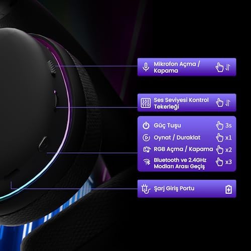 Alternative view of Aula G7 Tri Mode Kablosuz RGB Gaming Mikrofonlu Oyuncu Kulaklığı 40mm Driver Gürültü Engelleyici Siyah