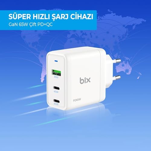 Alternative view of BX3P65G 65W GaN Qualcom 4.0 2*Type-C & USB-A 3 Portlu, MacBook Air, iPad Air, 17/16/15/14/14 Max /13/13 Max, Galaxy S24/S23/S22/S21 Uyumlu BX-3P65G Şarj Cihazı Beyaz
