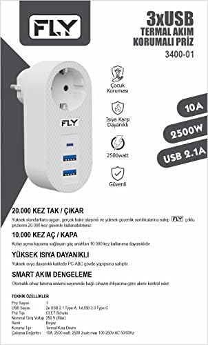Fly FLY 3400 Termal Akım Korumalı, Çocuk Korumalı, 2 x USB Type-C, 1 X USB Type-C, Tekli Priz, Beyaz