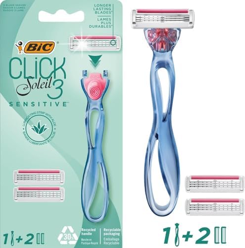 BIC Soleil Click Sensitive 1 Gövde & 2 Başlık Kadın Tıraş Bıçağı (3 Bıçak), Oynar Başlıklı, Aloe ile Zenginleştirilmiş Kayganlaştırıcı Jel Şerit