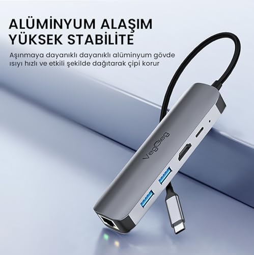 Type-C PD100W 5 Portlu 4K 30Hz HDMI 100Mbps Ethernet USB 2.0 + USB 3.0 Çoklayıcı Hub - Görsel 3