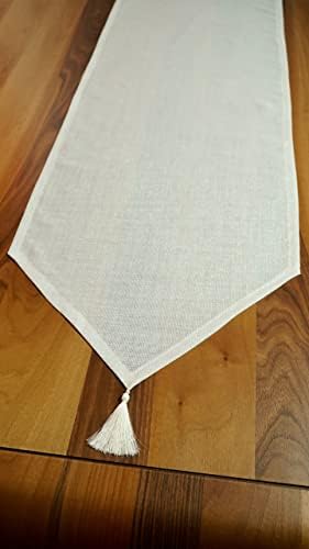 Simli Keten Runner Püsküllü, Kırık Beyaz, 45x150cm