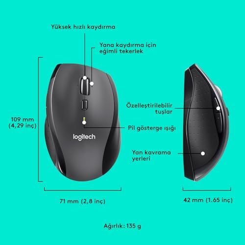 M705 Kablosuz Mouse, 1.000 DPI Optik İzleme, Unifying Alıcı, Yüksek Hızlı Kaydırma, 3 Yıl Pil Ömrü, 10 m Kullanım Mesafesi, Siyah - Görsel 3