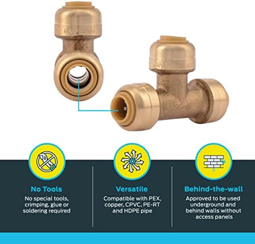 SharkBite 1/4 inç (3/8 inç OD) Tee, Pirinç Tesisat Bağlantısı Bağlantısı için İtin, PEX Boru, Bakır, CPVC, PE-RT, HDPE, U358LFA - Görsel 3