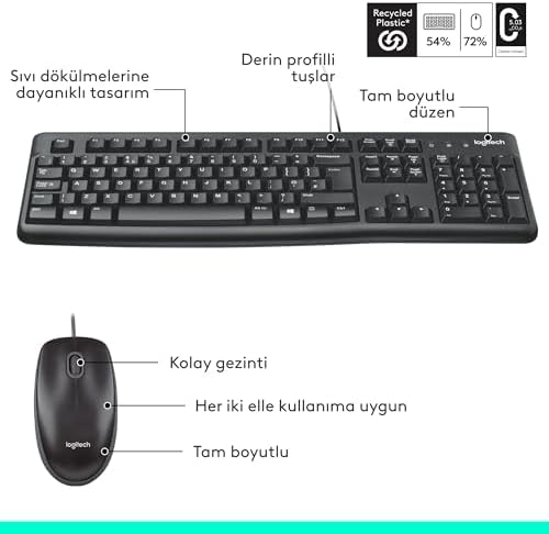 MK120 USB Kablolu Klavye Mouse Seti, Tam Boyutlu, Sağ ve Sol Elle Kullanıma Uygun Mouse, Sıvı Dökülmesine Dayanıklı, Türkçe Q Klavye, Siyah