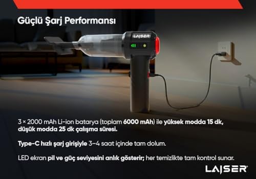 Mini, Katlanabilir LED Ekranlı 17.000 PA 3 in 1 Çekme-Vakum-Üfleme Özellikli Şarjlı Araç Süpürgesi