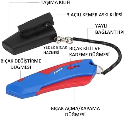 WP213010 Kemer Askı Kancalı Otomatik Geri Çekilebilir Mandallı Rötuş Maket Bıçağı + 3 Adet Yedek Bıçak - Görsel 3