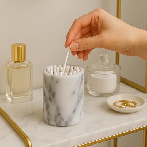 Lüks El Oyması Doğal Mermer Diş Fırçası ve Makyaj Fırçası Tutacağı - Banyo, Vanity, Ofis ve Masa Organizatörü için Ağır Hizmet Tayvan Yushan Taşı (8,4 cm x 11,5 cm, Off-Beyaz)