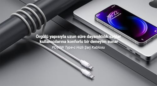 Alternative view of 60W 3A PD Type-C to Type-C Hızlı Şarj ve Data Kablosu Beyaz 1 Metre