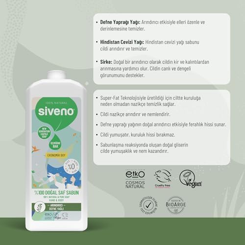 Siveno %100 Doğal Sıvı Kastil Sabun Yağlı Yoğun Nemlendirici Arındırıcı Bitkisel Vegan 1000 ml
