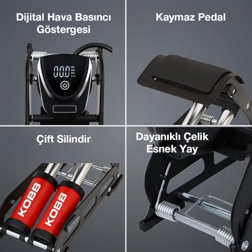 KB5402D Çift Pistonlu Dokunmatik Dijital Basınç Göstergeli Ayak Pompası ve Taşıma Kılıfı, Kırmızı/Siyah