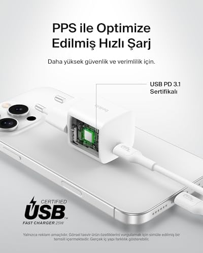 USB-C Fiş 25 W - USB-C Telefon Şarj Cihazı, 16, 15 Plus, Pro, Pro Max, iPad, Galaxy S25, 9, Switch ve Fazlası için PD 3.0 PPS Hızlı Şarj Cihazı, Beyaz