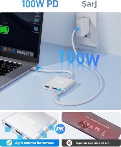 Inca ITPC-04TXT Type-C Hub, 4K 30Hz HDMI, USB 3.0, 100W PD, Alüminyum Kasa - Görsel 3