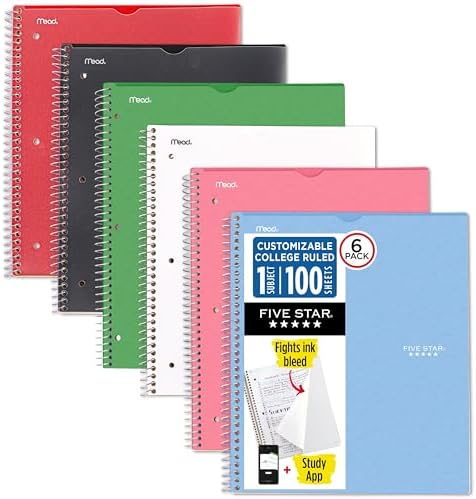 Five Star Spiral Defterler + Çalışma Uygulaması, 6'lı Paket, 1 Konu, Kolej Kareli, 8-1/2 "x 11", 100 Yaprak, Özelleştirilebilir Kapak, Ateş Kırmızısı, Orman Yeşili, Pasifik Mavisi, Ametist Mor, Beyaz,