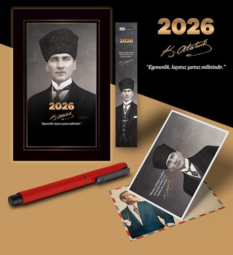 2026 Kalpaklı Atatürk Ajandası Ayraç Kartpostal Kalem - Kırmızı