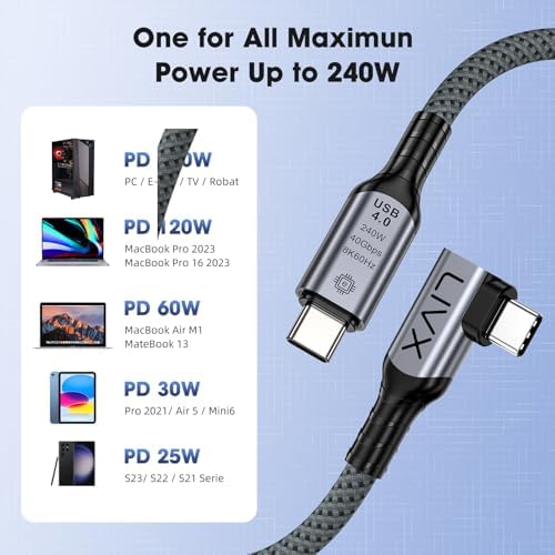 USB4 Kablo 90 Derece USB-C to USB-C 40Gbps Veri Aktarım, 240W PD Hızlı Şarj, 8K@60Hz Görüntü Desteği, Thunderbolt 3/4 ile Uyumlu, Örgülü Dayanıklı Şarj ve Data Kablosu KLV-Y