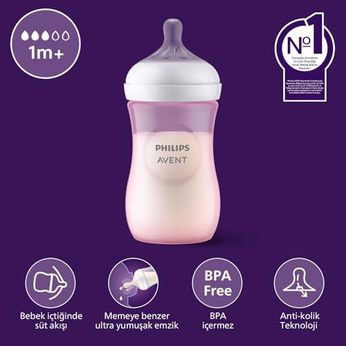 Doğal Tepkili Biberon, 260 ml, 3-6 Ay+, Akıtmaz Emzik, Kolik ve Gaz Önleyici, BPA İçermez, Pembe, SCY903/11