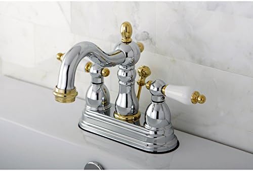 Brass KB1604PL Heritage 4 İnç Centerset Lavabo Bataryası Porselen Kol Saplı, Parlak Krom ve Parlak Pirinç - Görsel 3