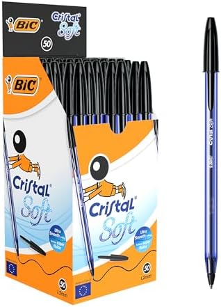 Soft Tükenmez Kalem, Siyah, 50'li Kutu, 1.2 mm Orta Kalınlıkta Uç, Şeffaf Gövde, Delikli Kapak