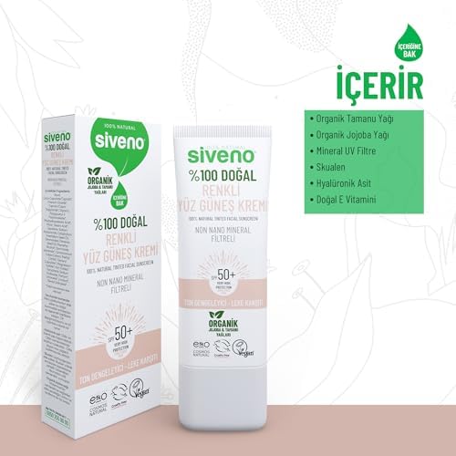 Siveno%100 Doğal Yüz Güneş Kremi Renkli Ton Eşitleyici Leke Karşıtı UVA UVB SPF 50+ 30 ml