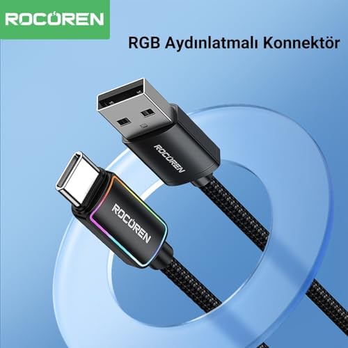 Alternative view of Type-C to USB-A RGB Aydınlatmalı 3A Hızlı Şarj ve Data Kablosu 1 Metre