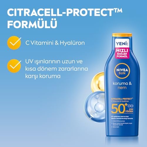 SUN SPF50 Güneş Koruyucu Losyon 200ml, 48 Saat Nemlendirici, Suya Dayanıklı, Anında Koruma