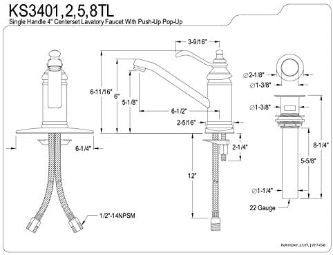 Brass KS3401TL Templeton 4-inç Single Handle Centerset Lavatory musluk with Push Up Drain, cilalı krom by Kingston Brass