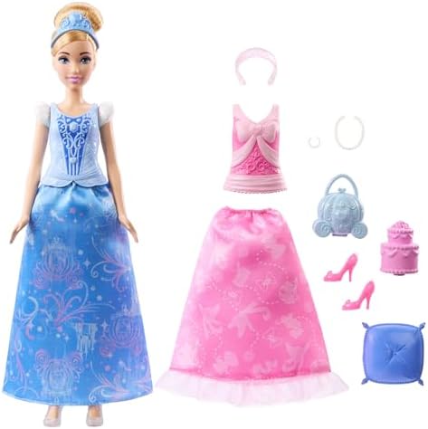 Prensesi Cinderella 2'si 1 Arada Hikayeler Bebek Prensesi 2'si 1 Arada Hikayeler Cinderella bebek, takılıp çıkarılabilen 2 büstiyer, 2 etek ve 9 aksesuar JCR95