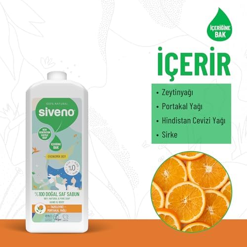 Siveno %100 Doğal Sıvı Kastil Sabun Portakal Yağlı Yoğun Nemlendirici Arındırıcı Bitkisel Vegan 1000 ml