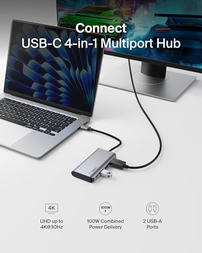 USB C 4'ü 1 Arada Çok Bağlantı Noktalı Adaptör (4K HDMI, USB-C 100W PD Geçişli Şarj ve Daha Fazlası için 2 x USB A Bağlantı Noktası ile)