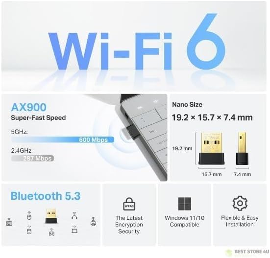 TX10UB | Wi-Fi 6 & Bluetooth 5.3 USB Adaptör | AX900 Mbps | Çift Bant | İkisi Bir Arada | Kolay Kurulum | Windows Uyumlu