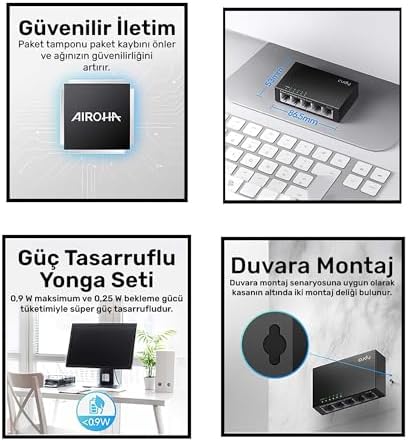 Cudy FS105 5-Port 10/100Mbps Metal Kasa Masaüstü Switch, Tak ve Çalıştır, Duvara Monte Edilebilir Tasarım, Fansız Sessiz Çalışma, Ev ve Ofis için Ethernet Çoklayıcı
