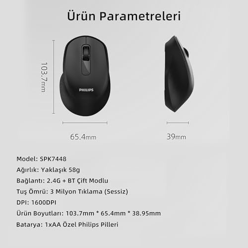 Alternative view of SPK7448 Bluetooth 5.2 ve 2.4GHz 1600DPI Sessiz Optik Kablosuz Mouse Siyah