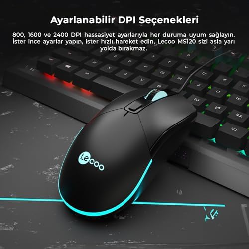 MS120 USB Kablolu 2400DPI 4 Tuşlu RGB LED Aydınlatmalı Optik Gaming Optik Mouse Siyah - Görsel 3
