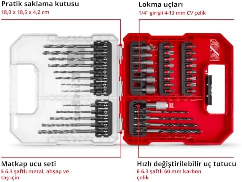 Orijinal L-CASE 40 parçalı uç ve matkap seti (25 mm uçlar, hızlı değiştirilebilir uç tutucu, lokma anahtar, havşa, metal, beton ve ahşap matkap uçları, saklama kutusu dahil) - 49109053