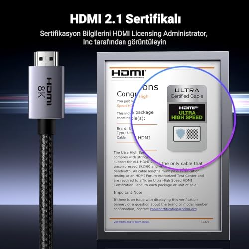 Alternative view of HDMI 2.1 Kablo 8K 60Hz 4K 240Hz 165Hz 144Hz 120Hz 48Gbit/s Yüksek Hızlı, HDMI Kablo 2.1 Ultra HD eARC HDR 10+ HDCP 2.3 Dolby Vision VRR TV/PS5/PS4/ Xbox Series X/Monitör ile uyumlu (2M)